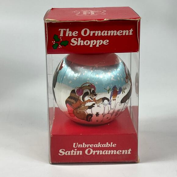 The Ornament Shoppe Satin Ornament Happy Holidays Bear Raccoon Quote Boxed 1980s - Picture 2 of 7